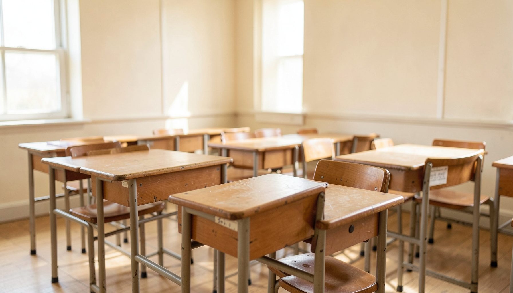 A calm classroom scene with wooden desks in soft natural light, warm beige and cream tones, evoking a studious atmosphere.
