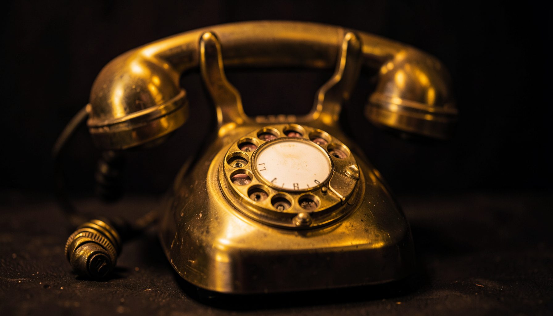A close-up of a classic rotary-dial telephone in warm amber and brass tones against a dark, softly lit background, evoking a vintage communication mood.