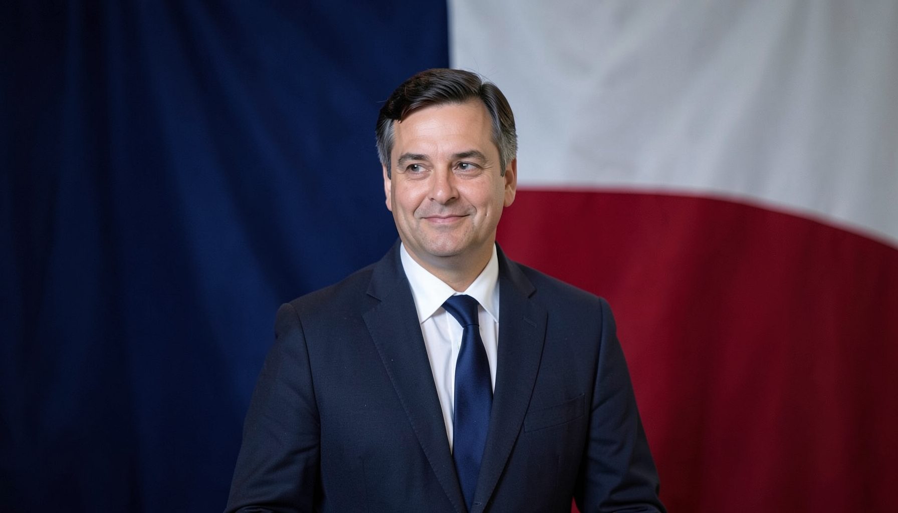 A formal political setting with a tricolor flag draped softly in the background, navy and muted red