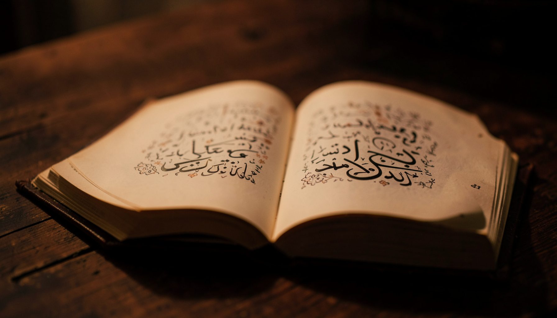 A softly lit open book with ornate Arabic calligraphy visible on its pages, resting on a dark wooden surface. Warm amber and deep brown tones dominate, with a quiet, contemplative atmosphere.