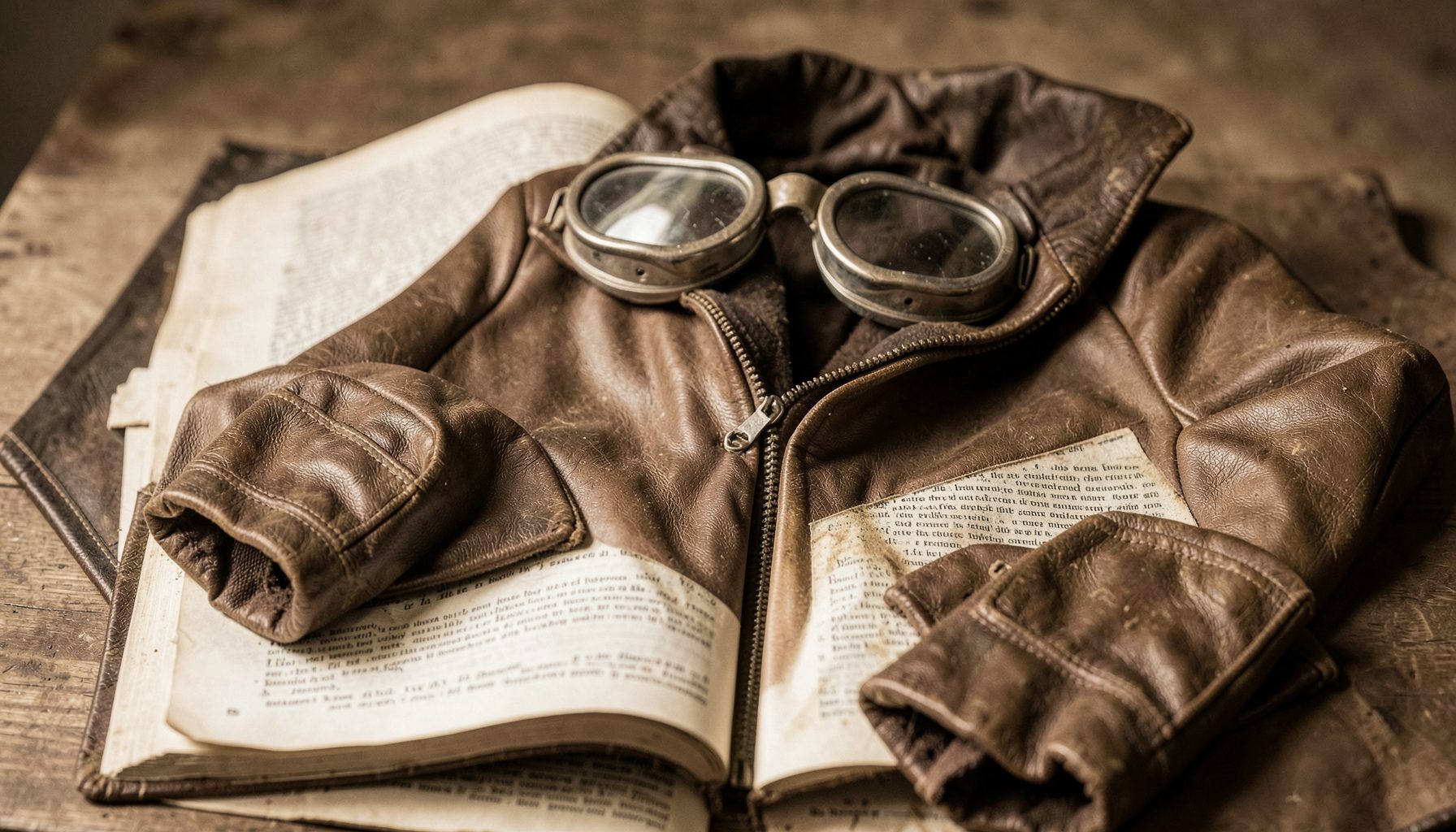 A vintage aviator's leather flight jacket and goggles resting on an open book, sepia and tan tones