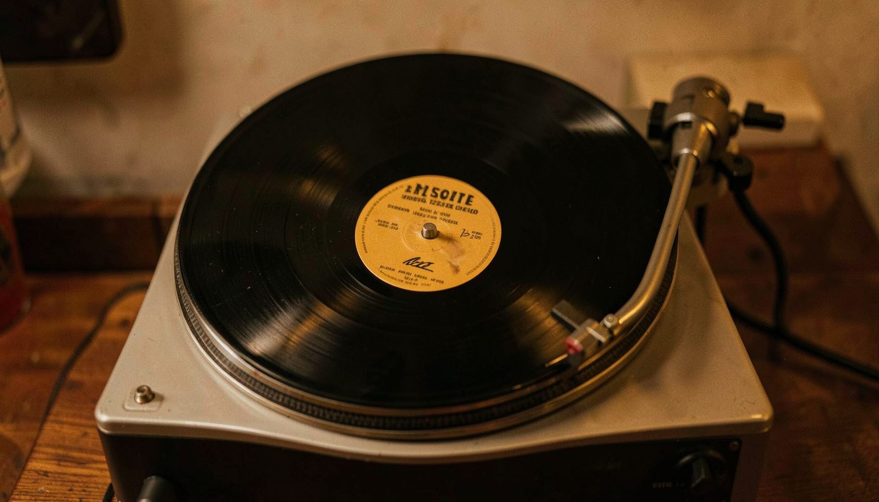 A vintage vinyl record on a turntable, rich black and warm gold highlights, nostalgic mood.