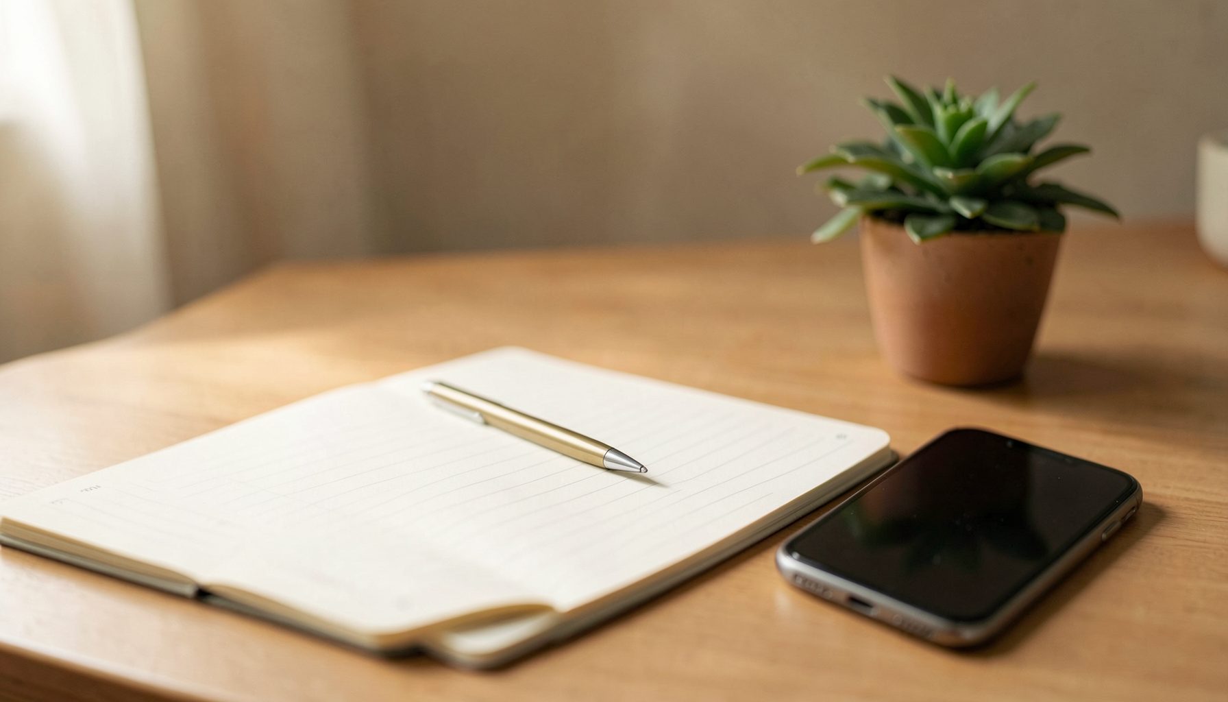 A warm, softly lit desk scene with an open notebook, a pen, a smartphone, and a small potted plant, in muted earth tones and cream, conveying a calm and practical everyday atmosphere.