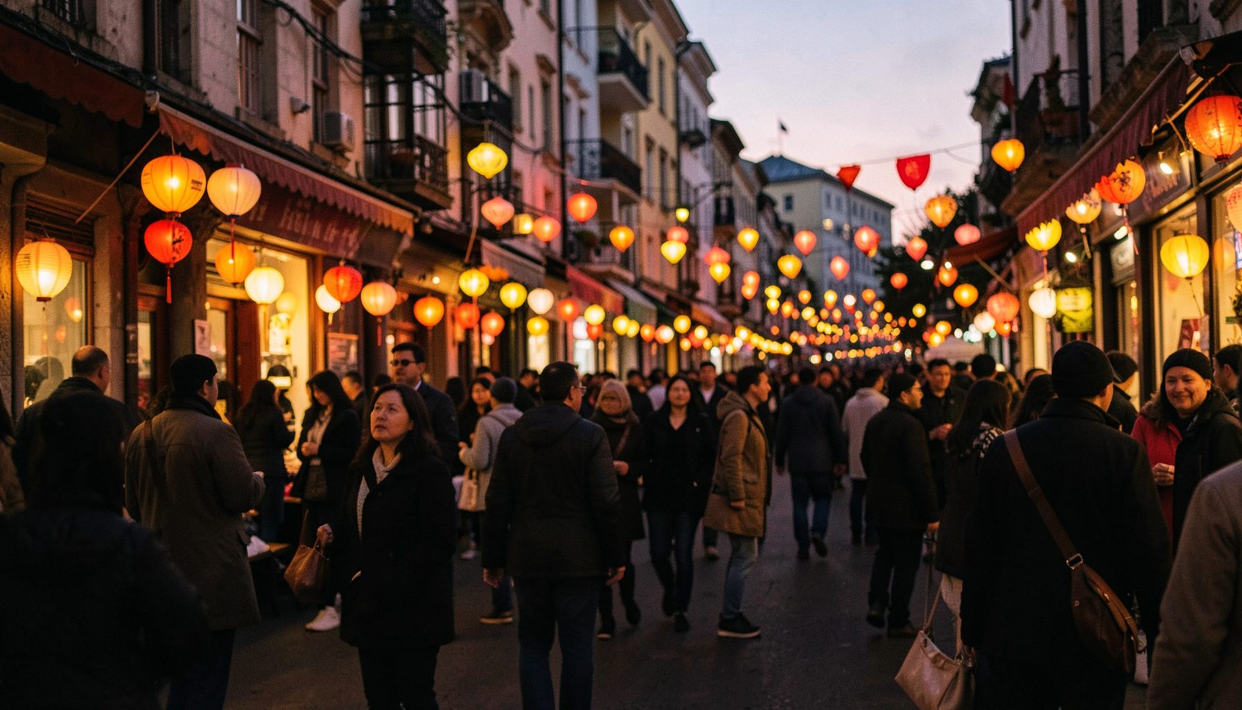 A warm-toned street scene at dusk with glowing lanterns and a softly lit crowd, evoking a festive urban atmosphere.