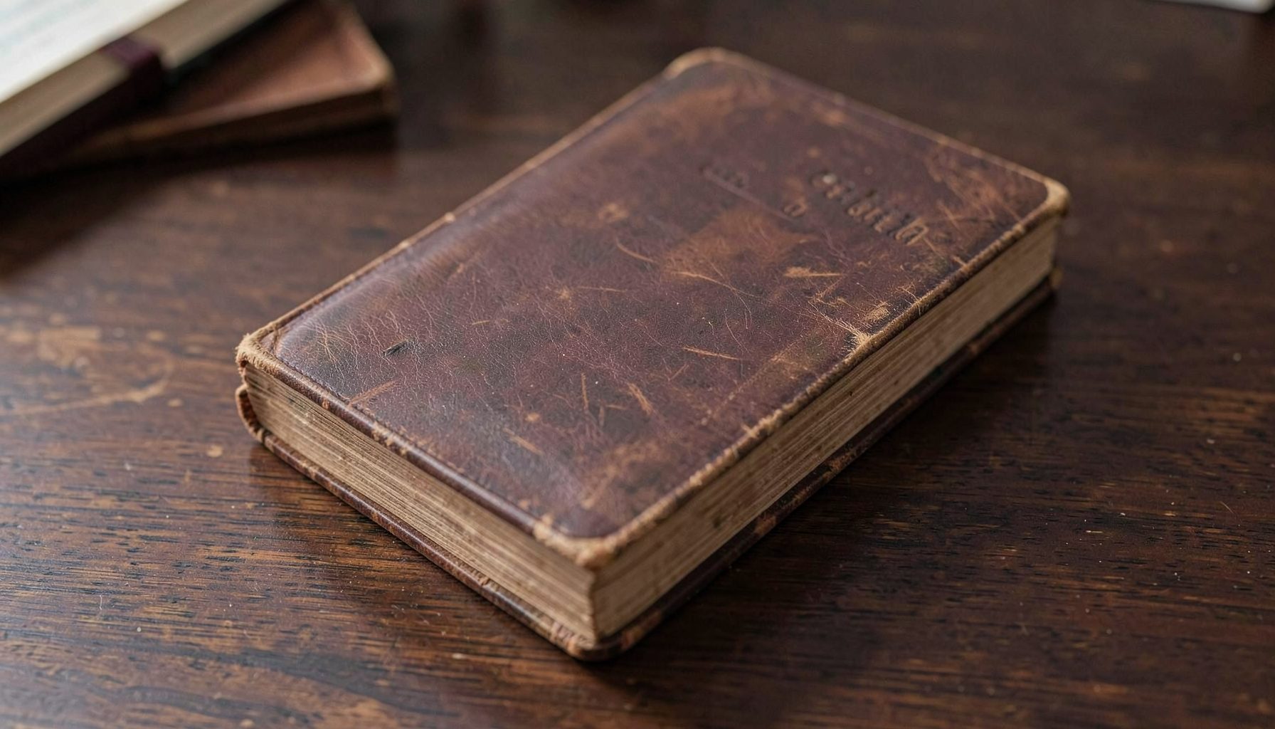A worn leather-bound volume of philosophical writings on a dark wooden desk, muted browns and creams