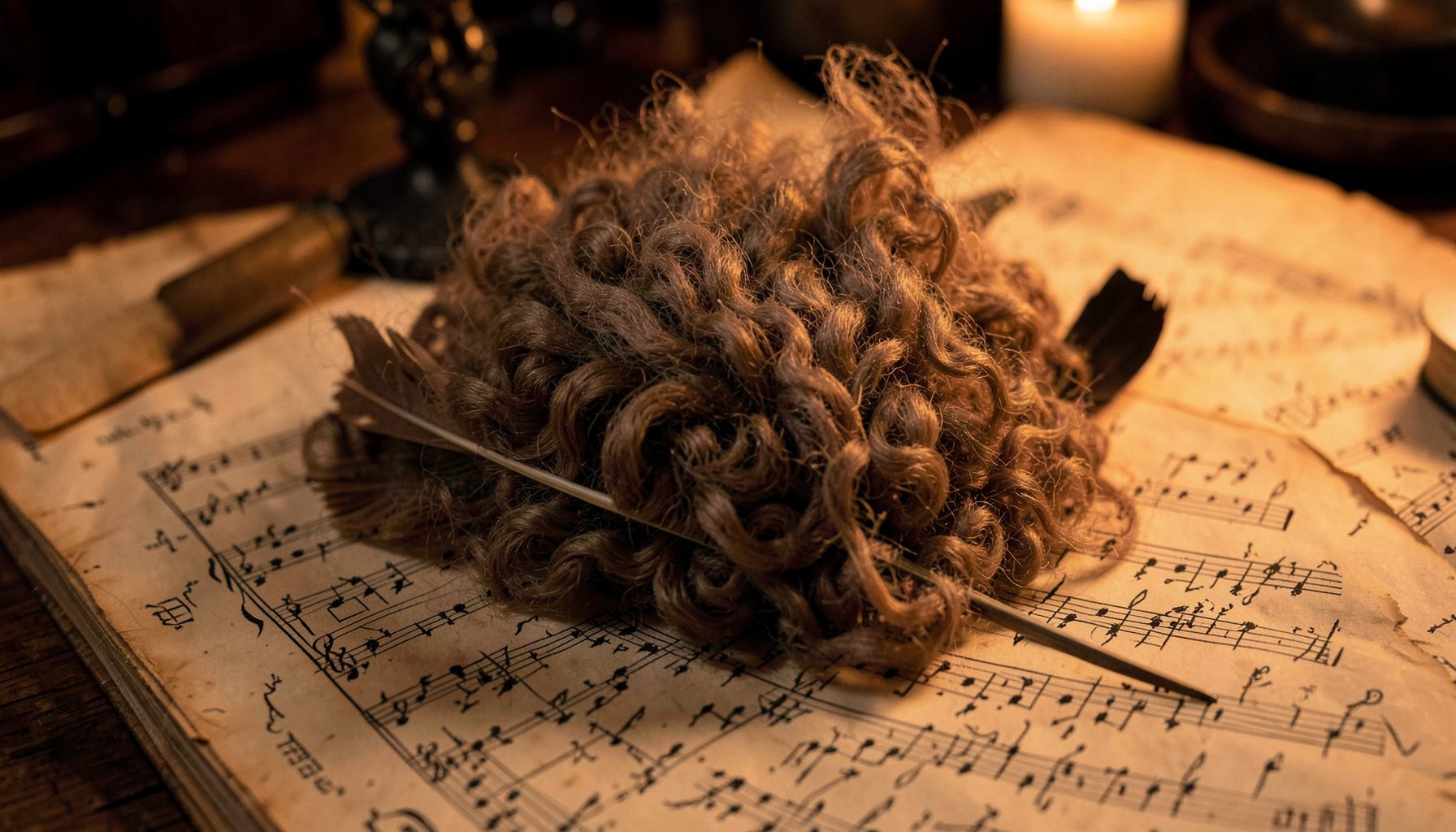 An 18th-century powdered wig and quill on aged sheet music, warm candlelight tones