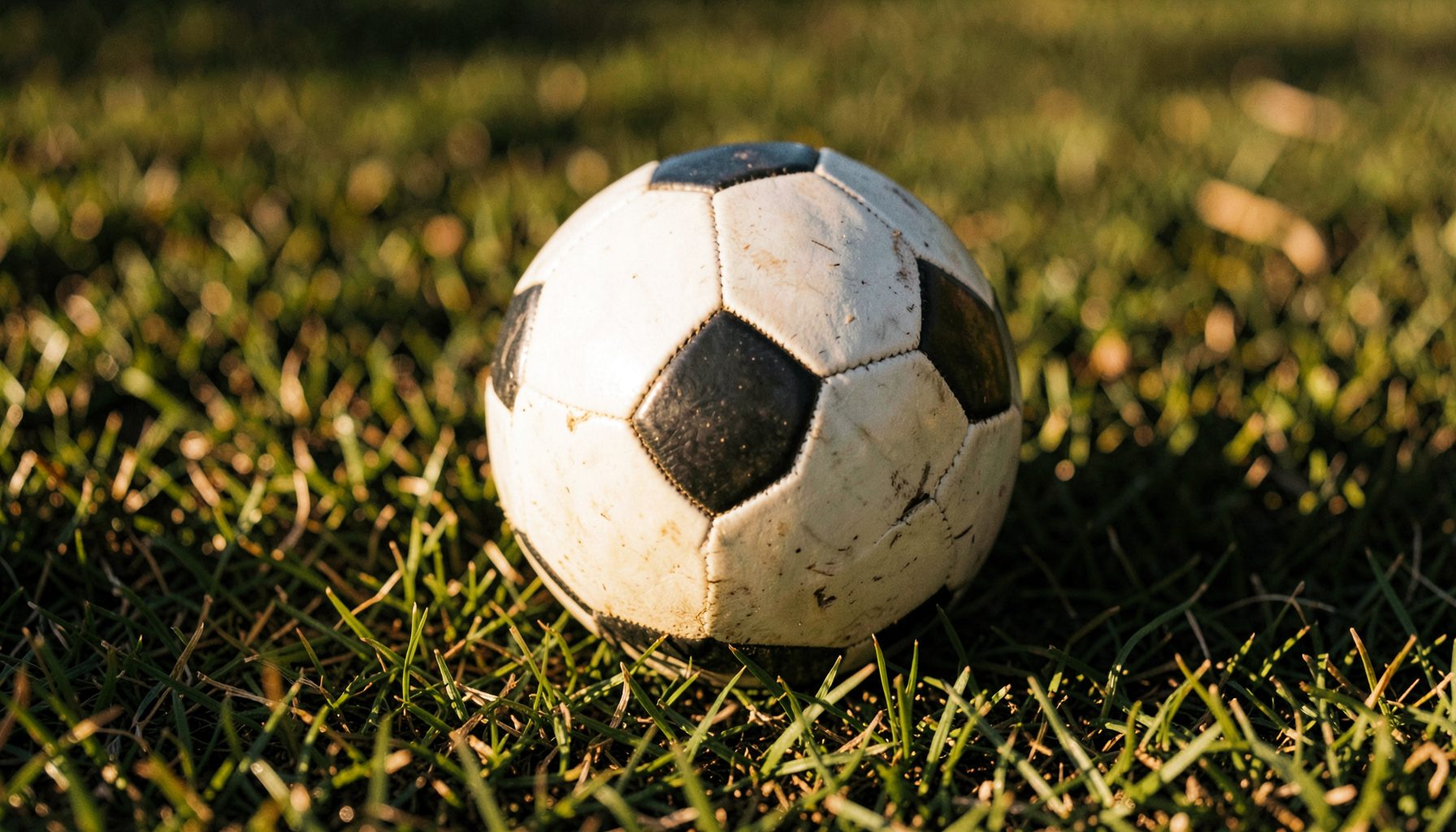 Close-up of a classic black-and-white soccer ball resting on grass, sunlight casting long shadows, nostalgic and warm tones