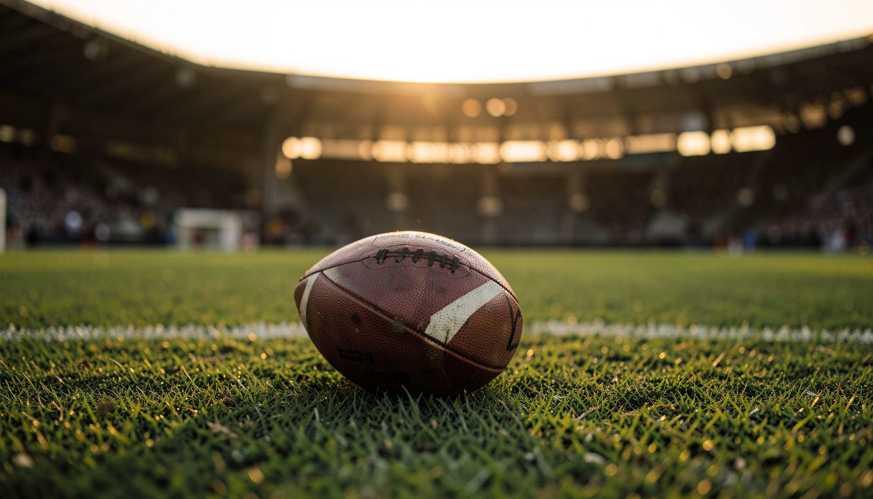 Football resting on green turf under gold-tinted evening light, stadium silhouette in the background