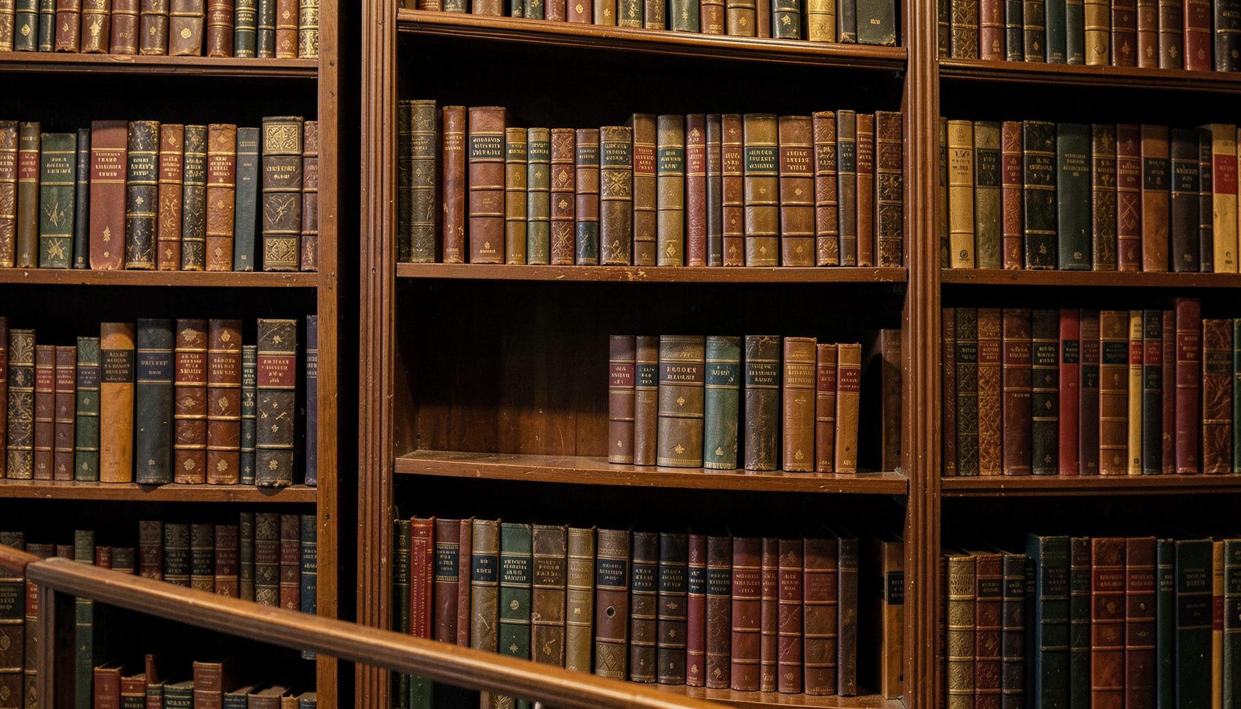 Warmly lit vintage library shelves lined with leather-bound books in deep browns and golds, evoking a quiet scholarly atmosphere