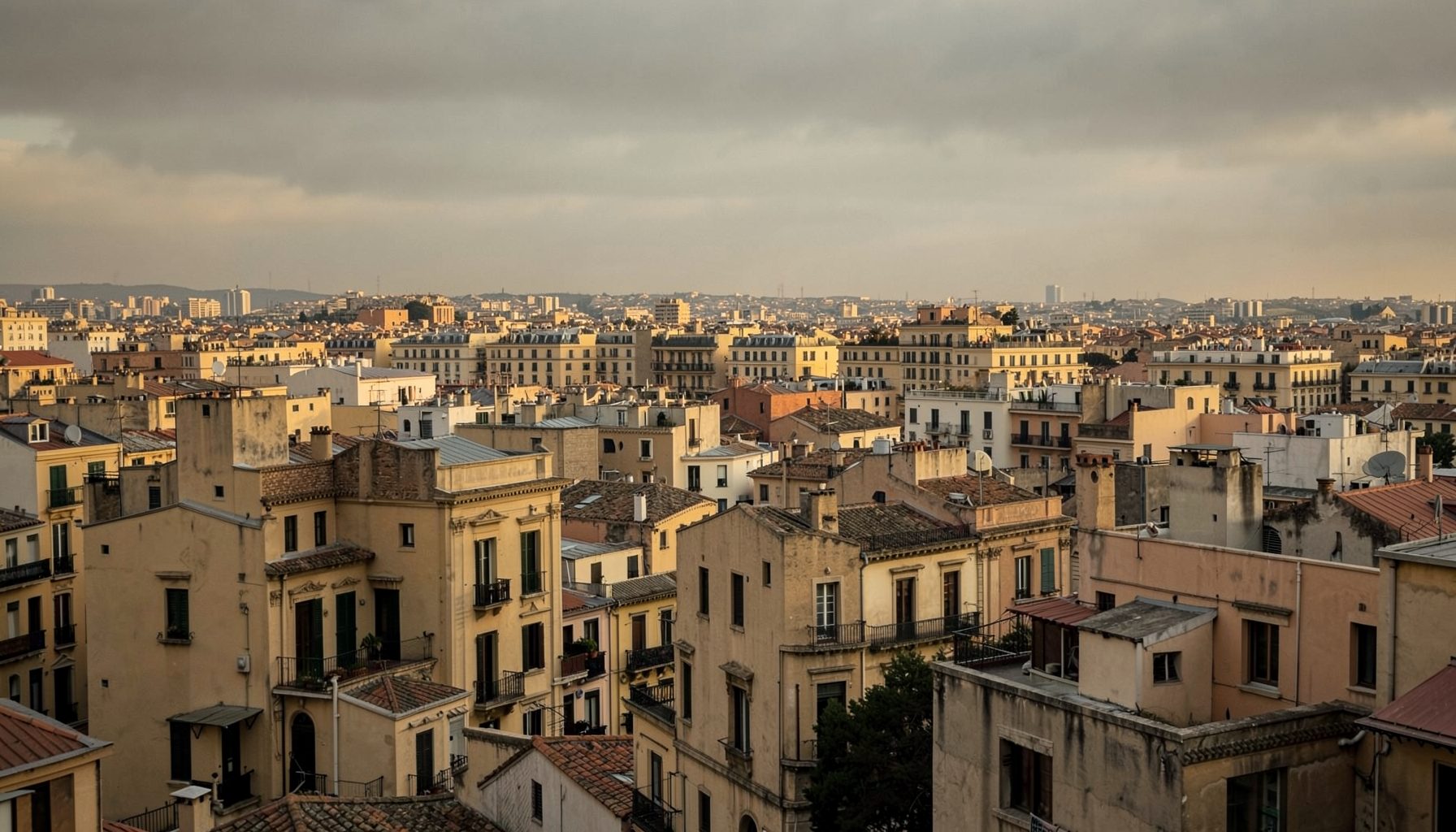 Wide architectural cityscape banner in warm gold and charcoal tones, softly lit rooftops under an overcast sky, evoking a calm North African and French urban atmosphere
